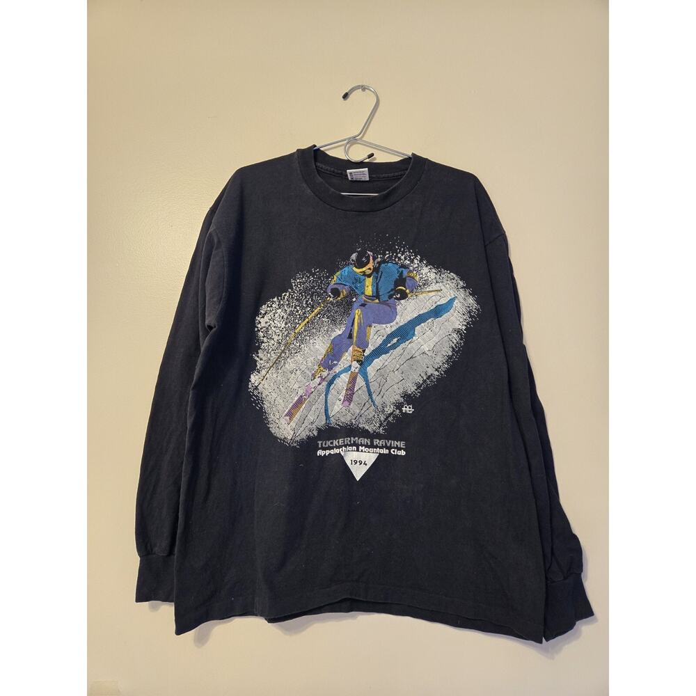 Vintage 90's Faded Black Down Hill Ski Long Sleeve T Shirt Gift Travel Outdoor - Picture 2 of 8